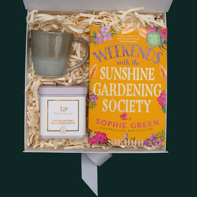 Booktopia Gift Box- Premium Black Tea, Hand Made Mug and Weekends with the Sunshine Gardening Society