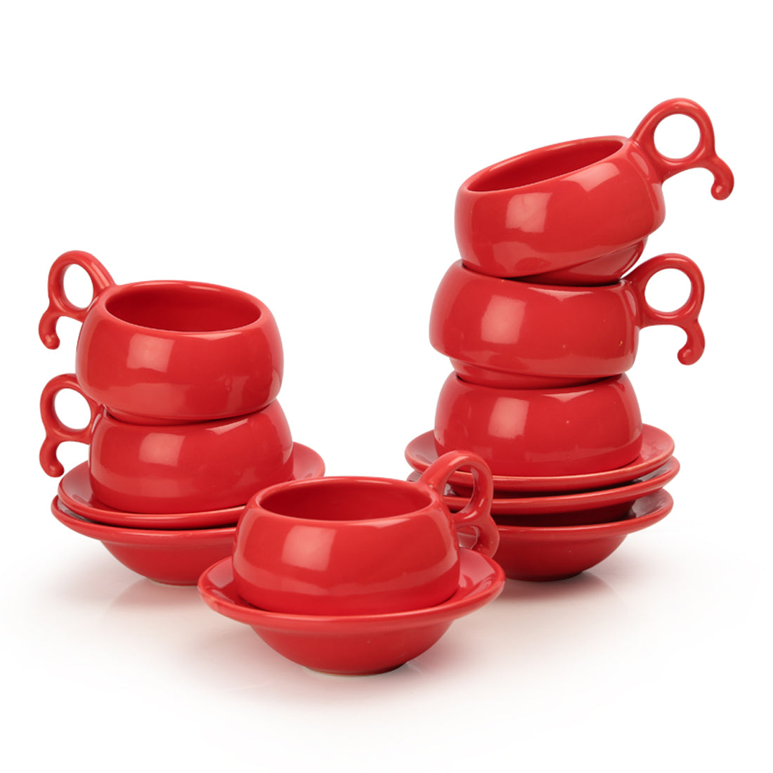 Studio Pottery Ceramic Cup & Saucer Set Of 6-Red