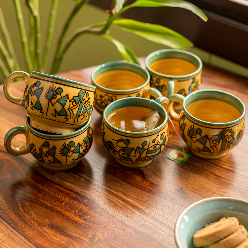Warli Hand-Painted Tea Cups-Light Brown & Green- Set of 4