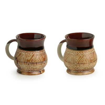 Studio Pottery Tea & Coffee Mugs -Cocoa & Fire Carvings