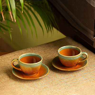 Hand-Engraved Ceramic Tea Cups & Saucers (Set of 2)