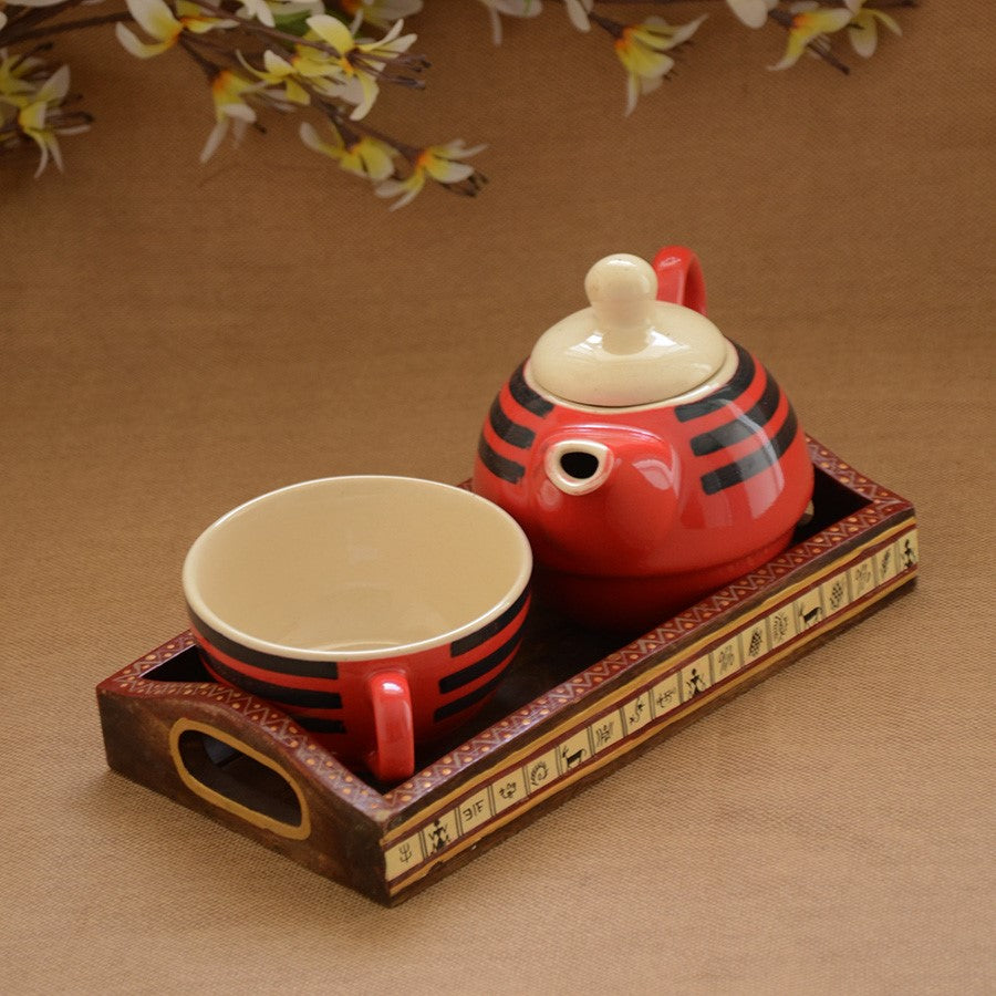 Ceramic Single Teapot Set - Red Black (Without Tray)