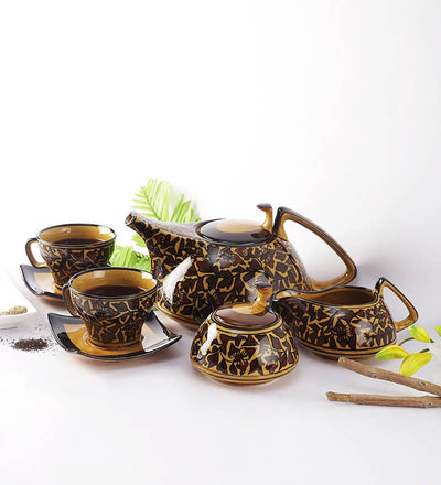 Mughal Hand painted 15pc Tea Set - Brown
