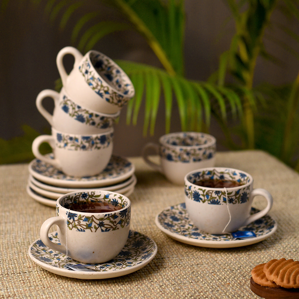 Floral Print Stoneware Teacups and Saucer Set