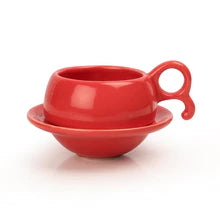 Studio Pottery Ceramic Cup & Saucer Set Of 6-Red
