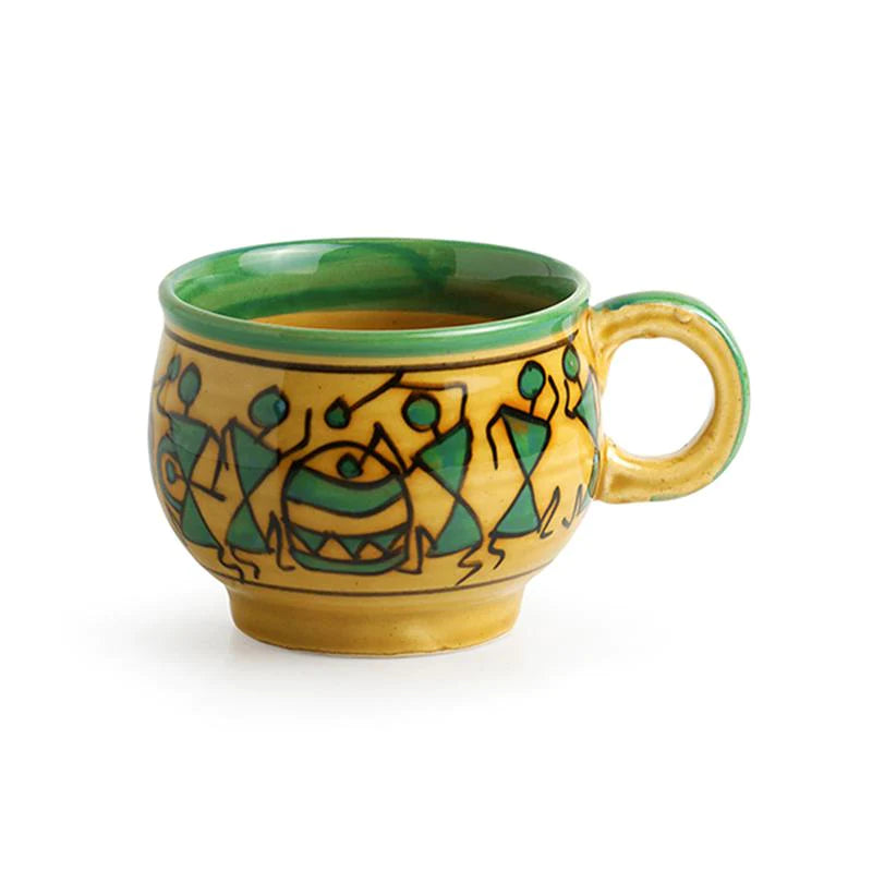 Warli Hand-Painted Tea Cups-Light Brown & Green- Set of 4